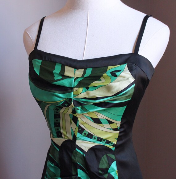 XS Silk Slip Dress, Black and Green - image 3