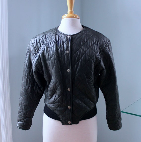 Vintage Black Quilted Leather Jacket, XS - image 4