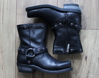 Size 6 Vintage Harley Davidson Harness Ankle Boots, Black Leather