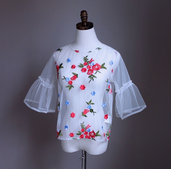 White Tulle Floral Embroidered Top, Small - image 1