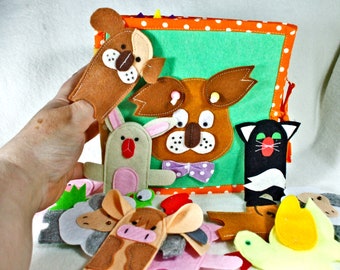 Baby Quiet book ,Farm animals soft felt book ,10 pages with finger puppets ,handmade toy for 1 year old.