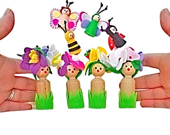 Spring flowers and insects peg dolls , toddler birthday gift ,spring room decor ,Waldorf inspired wood toy ,fairy garden accessory.