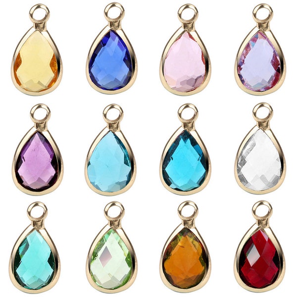 12 Month Drop Crystal Birthstone Charms,Crystal Birthstone Drops,Gold Drop Shape Birthstone Pendant