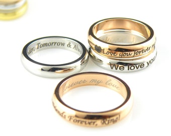 Anillo personalizado Nombre personalizado Anillo grabado Espejo pulido Anillo de acero inoxidable Anillo de oro rosa Anillo de boda grabado personalizado Regalo