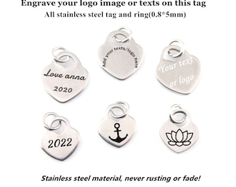 Etiquetas de joyería con forma de corazón personalizadas, etiquetas con logotipo personalizado, etiquetas de acero inoxidable con logotipo grabado, etiquetas colgantes de metal personalizadas, 10/50/100 unidades