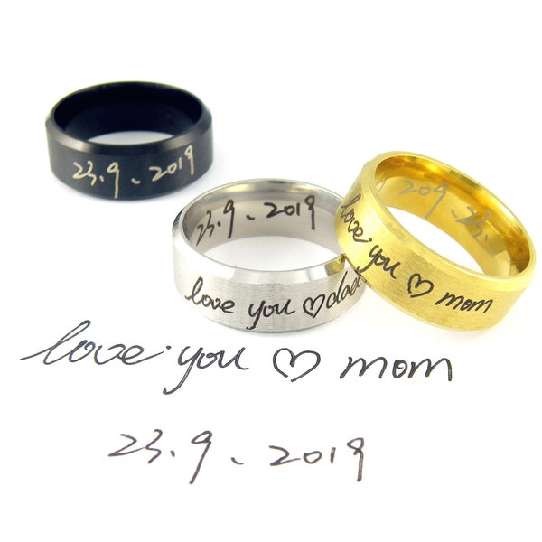 Personalized Ring Memorial Handwriting Ring Engraved Stainless Steel 8mm Width Ring Custom Engraved Actual Handwriting Ring Memorial Gift