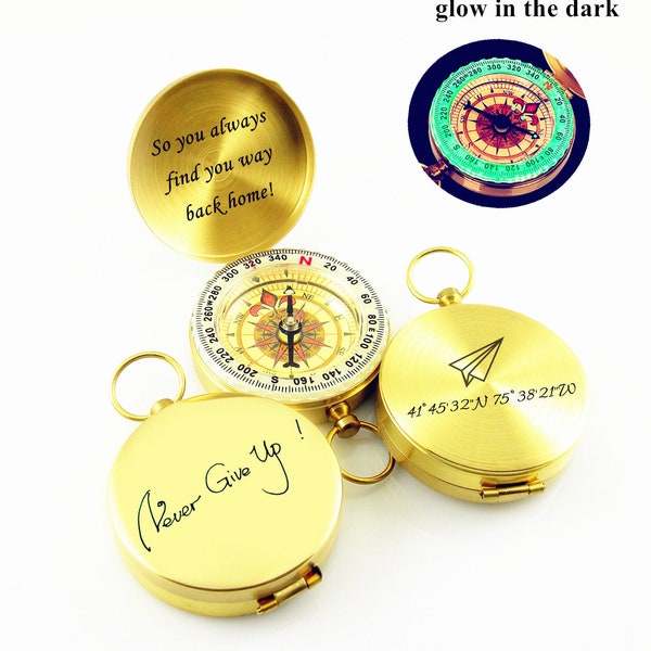 Personalized compass locket Engraved working ourdoor compass Custom name compass Travel gift Glow in the dark