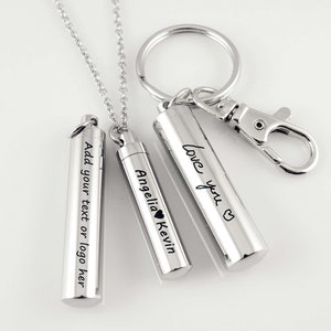 Personalisierte Edelstahl Zylinder Asche Locket Benutzerdefinierte Monument Locket Halskette gravierte Einäscherung Asche Locket Keychain