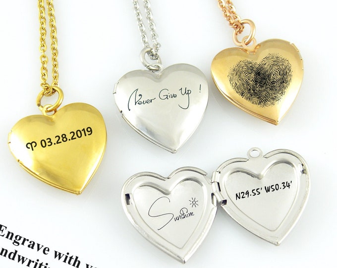 Personalized Heart Locket Custom Name Locket Pendant Custom Engraved Handwriting Photo Locket Engraved Blank Stainless Steel Heart Locket