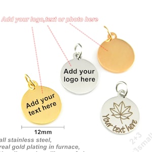 12 mm rond custom sieradenlabel, aangepaste bedel met tekst of LOGO, roestvrijstalen gegraveerde schijfbedel, gouden schijflabels, gepersonaliseerde labels