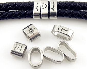 Personalized Slider Spacer Bead Custom Text Tube Beads Engraved Stainless Steel Bracelet Slider Spacer Beads For Thick Licorice Leather Cord