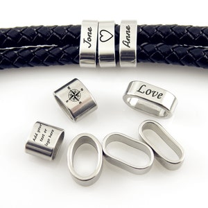 Perline distanziatrici scorrevoli personalizzate Perline tubolari con testo personalizzato Bracciale in acciaio inossidabile inciso Perline distanziatrici scorrevoli per cordino spesso in pelle di liquirizia