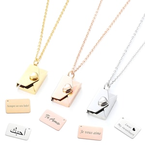 Collar de sobre personalizado con inserto grabado, mensaje secreto grabado, carta de amor personalizada, medallón de sobre, regalo de San Valentín