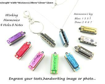 Personalized Stainless Steel Harmonica Mini Harmonica Key Chain Working Harmonica Musical Pendant Necklace Teen Music Gift