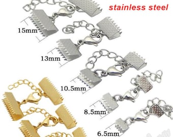 10 Sets Of Stainless Steel Ribbon Crimp Ends With Extended Chain And Lobster Clasp,Fasteners Clasp Ribbon Crimps Gold Ribbon Clasp