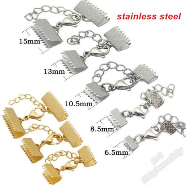 10 Sets Of Stainless Steel Ribbon Crimp Ends With Extended Chain And Lobster Clasp,Fasteners Clasp Ribbon Crimps Gold Ribbon Clasp