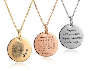 Personalized Handwriting Disc Necklace Custom Name Necklace Custom Engraved  Fingerprint Necklace Rose Gold Stainless Steel Disc Necklace