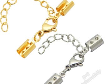 10 sets of Stainless Steel round cord ends with clasp and extended chain,Round Leather Cord Ends and Clasp,Rope End Clasp