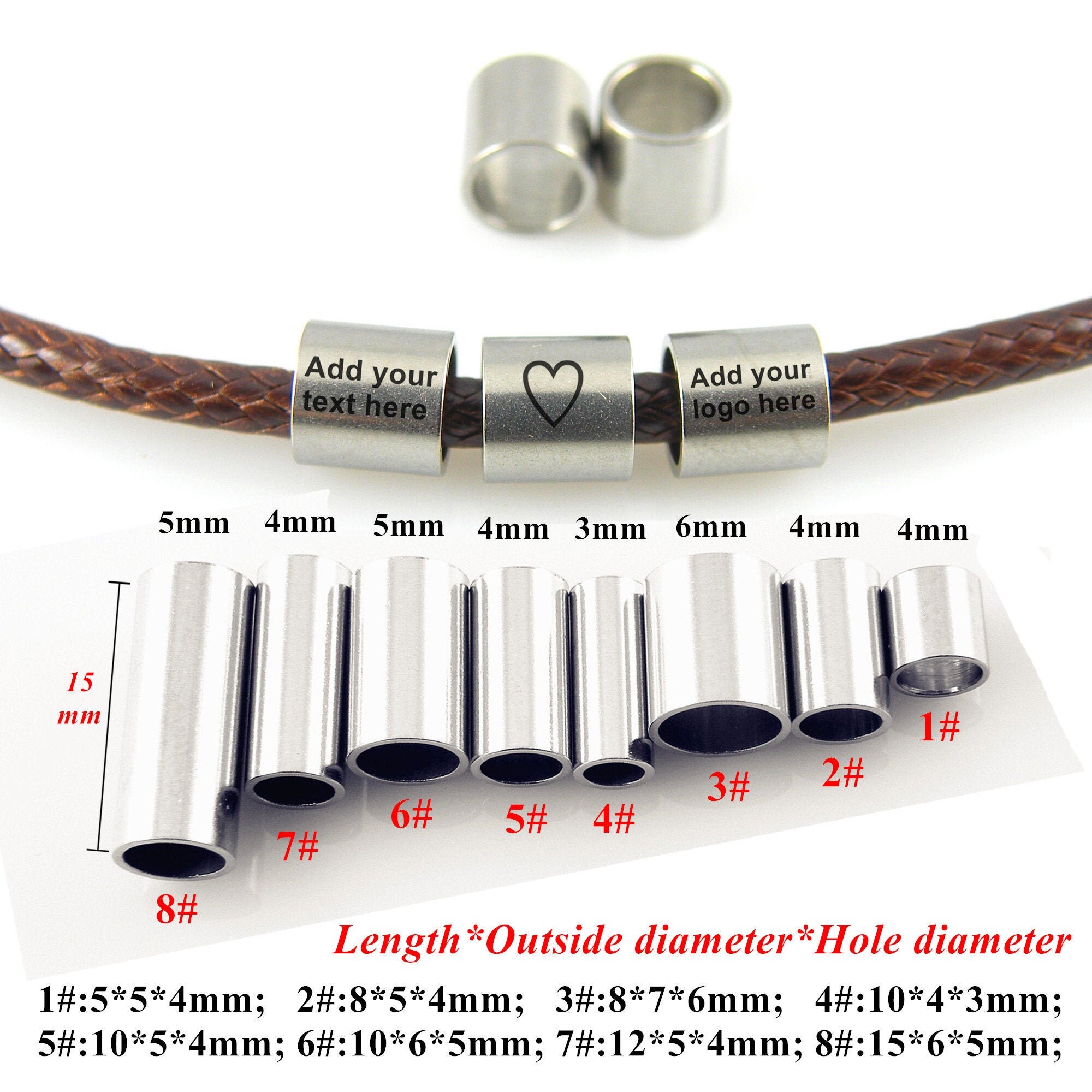 Personalized Cylinder Spacer Bead Custom Text Beads Engraved Stainless Steel Spacer Beads 1/10/50pcs