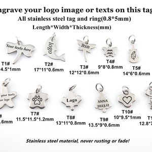 Personalisierte Blumen Schmuck Tag Benutzerdefinierte Logo Tags Edelstahl Libelle Delphin Schlüssel Gitarre Schmetterling Weihnachtsbaum Ahornblatt Form Tags