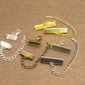 10 Sets Of Antique Silver Ribbon Crimp Ends With Extended Chain And Lobster Clasp,Fasteners Clasp Ribbon Crimps Gold Ribbon Clasp image 3