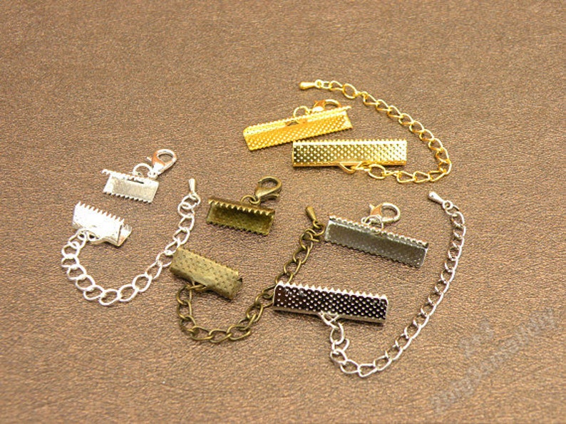 10 Sets Of Antique Silver Ribbon Crimp Ends With Extended Chain And Lobster Clasp,Fasteners Clasp Ribbon Crimps Gold Ribbon Clasp image 3