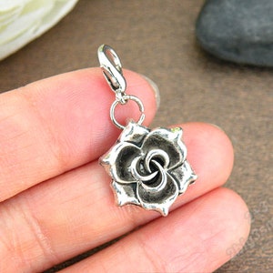 Antique silver rose flower charm pendant with lobster clasp or tone bail bead,3d flower Charm,Clip on charms for bracelets necklaces