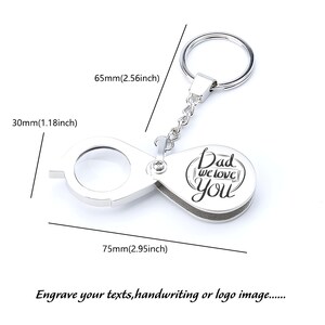 Llavero con lupa plegable personalizada, grabado en forma de gota, minilupa plegable de bolsillo plateada personalizada.