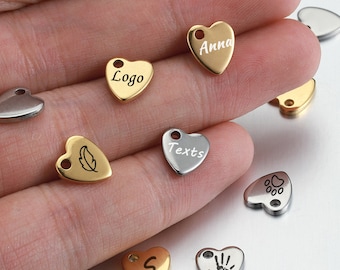 Etiquetas de joyería con forma de corazón personalizadas, etiquetas con logotipo personalizado, etiquetas de acero inoxidable grabadas, etiquetas colgantes de metal personalizadas, 10/50/100 unidades