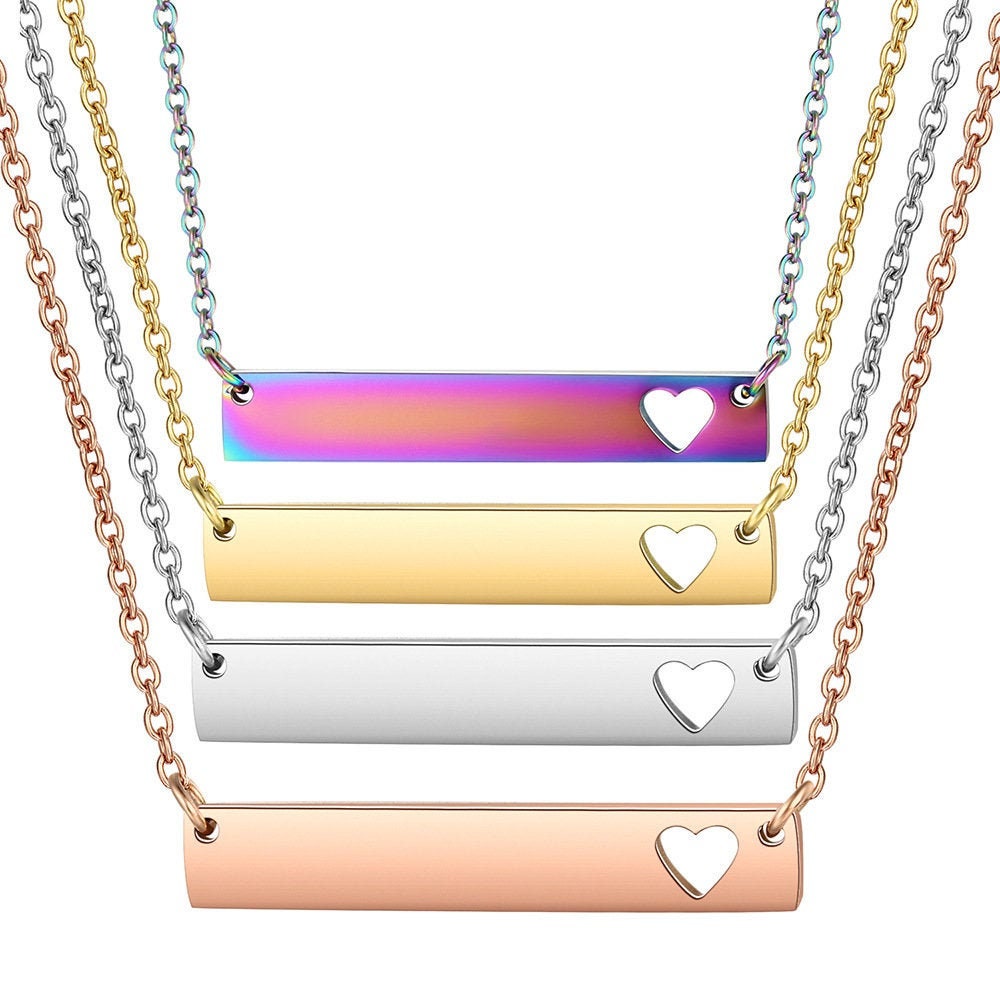 Mirror surface stainless steel blank bar necklace,Hollow out heart bar blank necklace,Gold stainless steel blanks,Hand stamping bar necklace