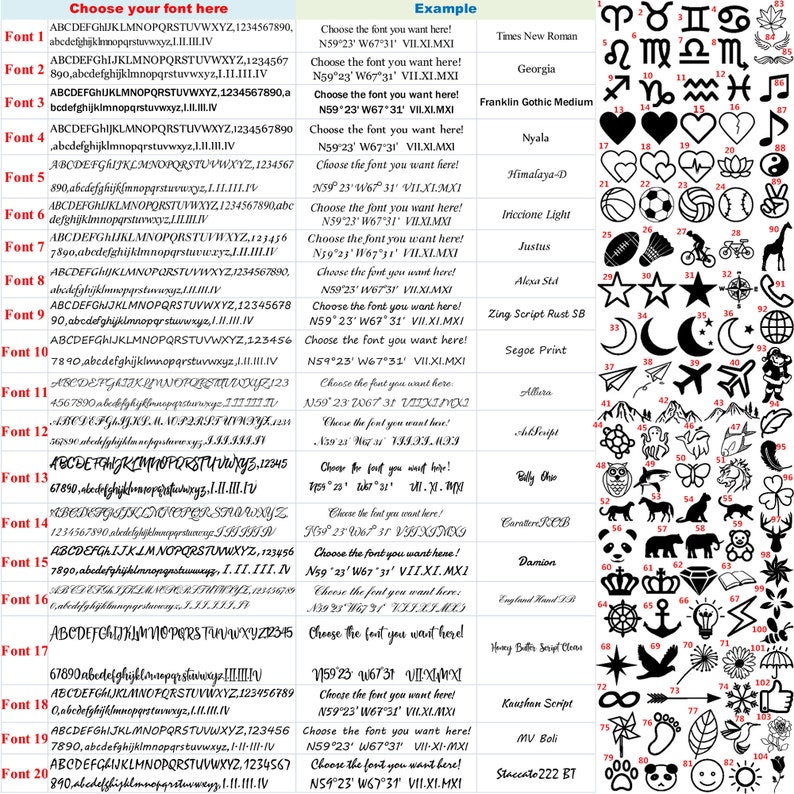 May include: A chart displaying 20 different fonts, each with a sample of the font in black text. The chart also includes a column with the font name and a column with the font style. The chart is on a white background.