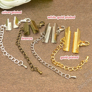 10 Sets Of Antique Silver Ribbon Crimp Ends With Extended Chain And Lobster Clasp,Fasteners Clasp Ribbon Crimps Gold Ribbon Clasp image 1