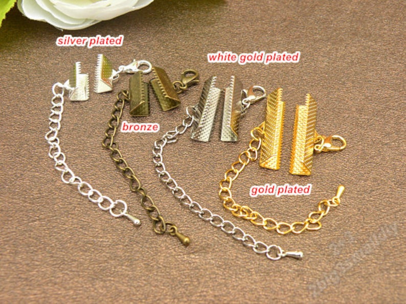 10 Sets Of Antique Silver Ribbon Crimp Ends With Extended Chain And Lobster Clasp,Fasteners Clasp Ribbon Crimps Gold Ribbon Clasp image 1