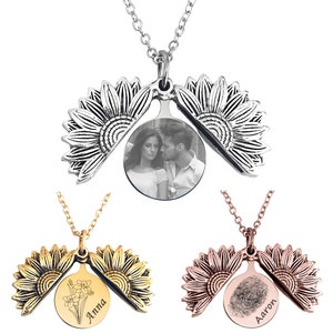 Medallón de girasol personalizado con mensaje secreto grabado, medallón de foto personalizado, collar de recuerdo, regalo de San Valentín para novia