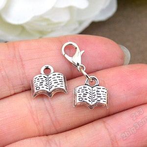 Antique silver book charm pendant with lobster clasp or tone bail bead,Clip on charms for bracelet or necklace p5590
