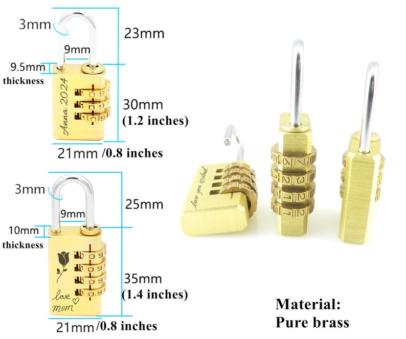 May include: Two gold combination locks with different engravings. The lock on the left has the text "Love mom" and a rose design. The lock on the right has the text "Love you always". Both locks are 30 mm tall and 21 mm wide.