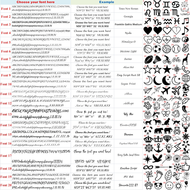 May include: A chart with 20 different fonts, each with a sample of the font in black text. The chart also includes a column with the font name and a column with the font style. The chart is on a white background.