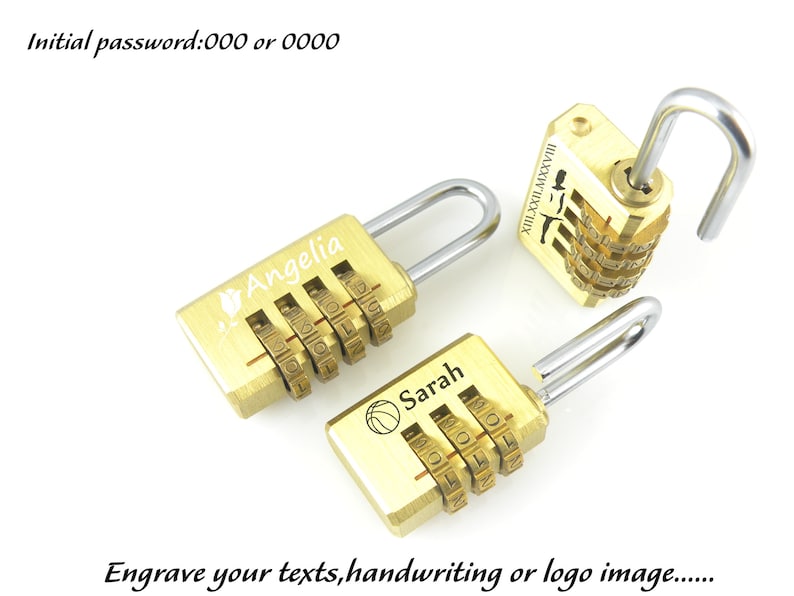 May include: Three gold combination locks with personalised engravings. The locks have a silver hook and a four-digit combination dial. The engravings read "Angelia", "Sarah", and "XII.XXI.MXXVIII".