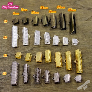 May include: Assortment of metal cord end caps in various sizes, ranging from 6mm to 25mm. The caps are available in gold, silver, and bronze finishes.  The caps have a textured surface and a small loop on the top.