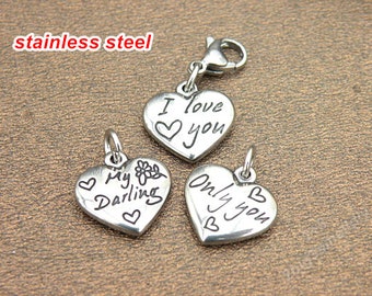 Stainless steel engraved heart shaped pendant with jump ring lobster clasp,double sides same,Clip on charms for bracelet or necklace T042