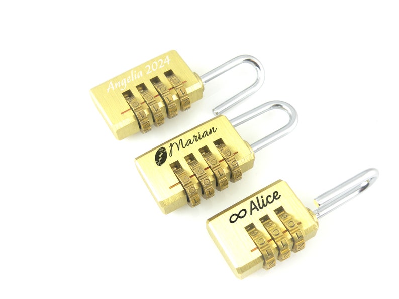 May include: Three gold combination locks with personalised engravings. The locks have four number dials and a silver shackle. The engravings read "Angelia 2024", "Marian" with a football symbol, and "&infin; Alice".