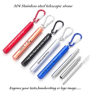 Pajita telescópica de acero inoxidable 304 personalizada, pajita de viaje negra personalizada, pajita retráctil grabada, llavero telescópico para exteriores.