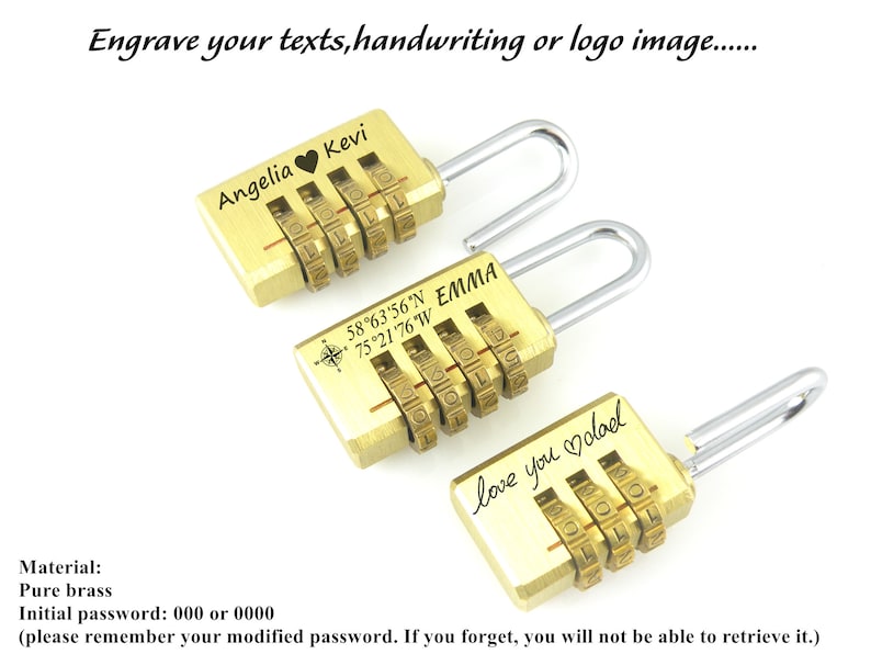 May include: Three gold combination locks with different engravings. The first lock has the text "Angelia Kevi" with a heart symbol between the names. The second lock has the text "EMMA" and coordinates "58&deg;63'56'N 75&deg;21'76'W". The third lock has the text "love you olad" with a heart symbol. All locks have a silver shackle.