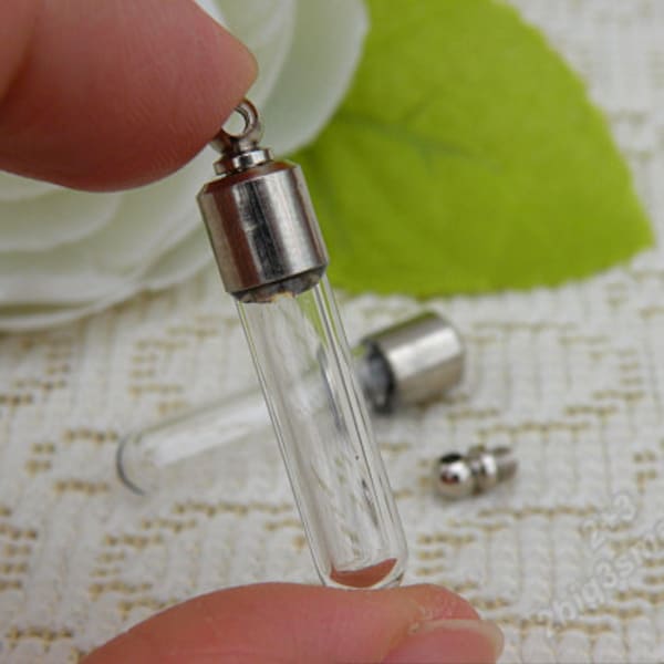 10 sets of 6x35mm Clear glass cylinder with silver cap and screw driver,Empty Glass bottles,glass hourglass pendant,hourglass vials pendants