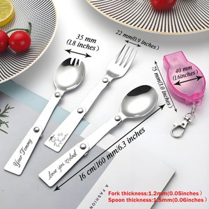 Cuchara plegable personalizada de acero inoxidable 304, tenedor portátil grabado para exteriores, caja gratis, llavero, regalo de viaje