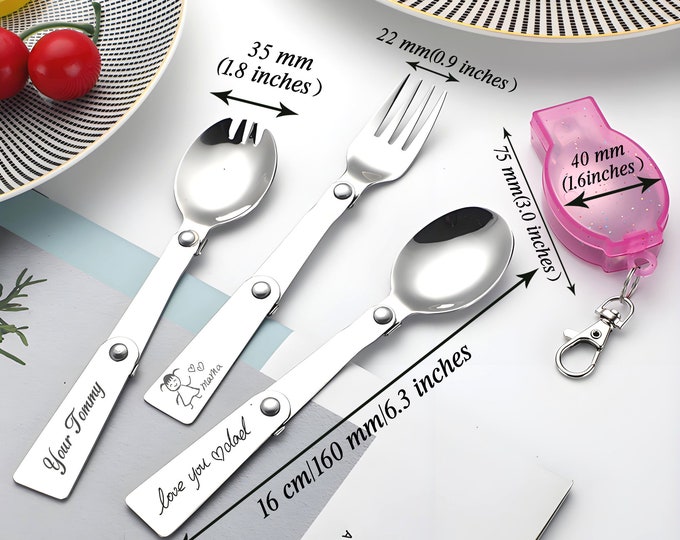 Personalized Folding Spoon Custom 304 Stainless Steel Spork Engraved Outdoor Portable Fork Free Box Keychain Travel Gifts With Free Gift Box