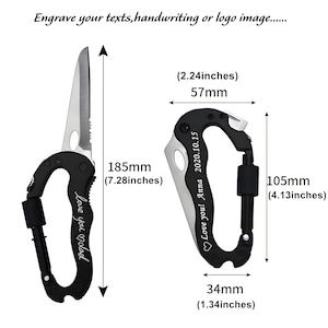 May include: Two black carabiner-style tools with silver blades. One is 7.28 inches long, the other is 4.13 inches long. Text on the tools reads "Love you Bolad" and "Love you! Anna 2020.10.15". The image includes the text "Engrave your texts, handwriting or logo image..."