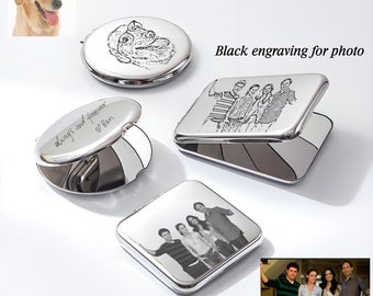 Espejo compacto personalizado, espejo con foto personalizado, espejo portátil irrompible de acero inoxidable, espejo de bolsillo grabado, regalo para dama de honor.
