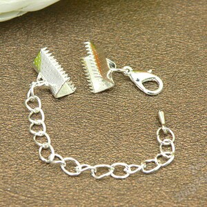 10 Sets Of Antique Silver Ribbon Crimp Ends With Extended Chain And Lobster Clasp,Fasteners Clasp Ribbon Crimps Gold Ribbon Clasp image 2