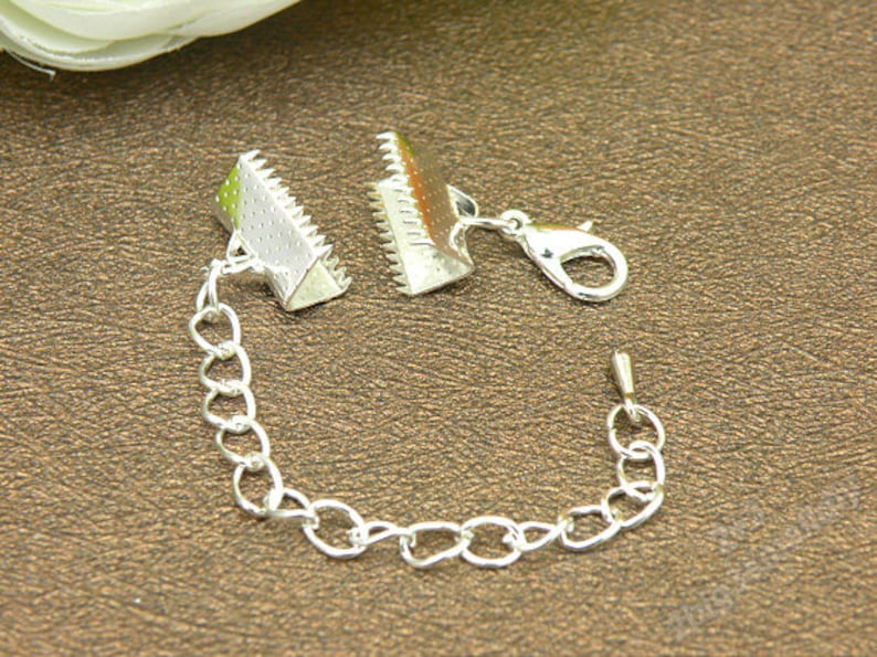 10 Sets Of Antique Silver Ribbon Crimp Ends With Extended Chain And Lobster Clasp,Fasteners Clasp Ribbon Crimps Gold Ribbon Clasp image 2